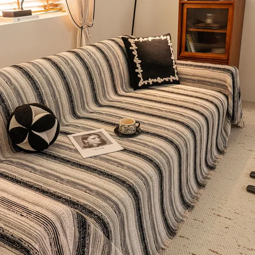 Vista 8 de HANDONTIME Chevron Pattern Couch Cover Vertical Striped Jacquard Sofa Cover Modern Minimalist, Khaki and White, Sofa Covers Washable, Pet Friendly
