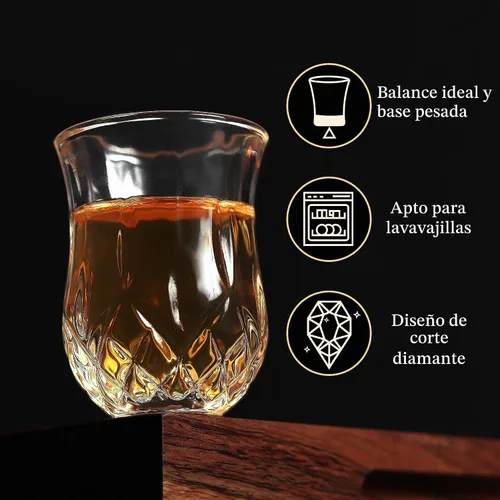 Vista 3 de QUAFFER Vasos de chupito (juego de 6) – Elegantes vasos de chupito con patrón de diamante de 1.75 onzas – Vasos clásicos de whisky vodka tequila