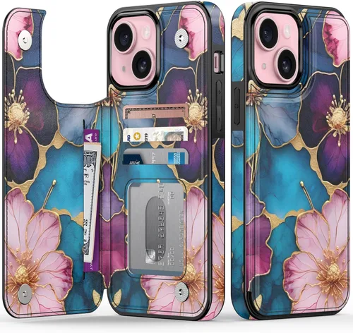 Vista 209 de FUNMIKO Funda tipo cartera para iPhone 15 con tarjetero + clip para efectivo, bloqueo RFID, protección contra caídas de grado militar y obras
