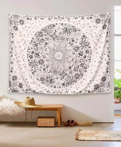 Vista 3 de Neasow - Tapiz estilo bohemio para colgar en la pared, estilo floral, blanco y negro con circunferencia de margarita con lunares, decoración