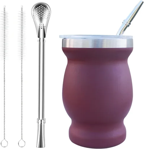 Vista 10 de Beruth Bombilla Yerba Mate Gourd, juego de tazas de té de acero inoxidable de 8 onzas con una tapa multifuncional, dos popotes y cepillos