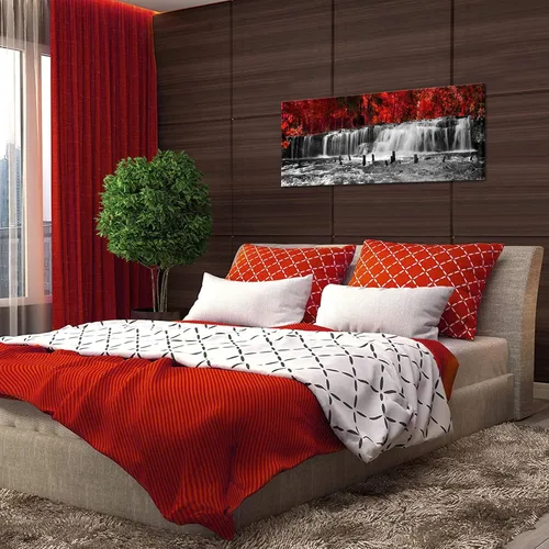 Vista 3 de SkenoArt Lienzo decorativo para pared, diseño de árboles rojos y negros, bosques, cascadas, paisajes, otoño, moderno, sala de estar, hogar, oficina