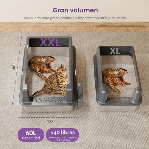 Vista 2 de Caja de arena extragrande XXL de acero inoxidable para gatos con tapa, 26" L x 18" W x 12" H caja de arena de metal con lados altos para gatos