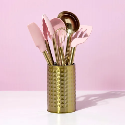 Vista 8 de Paris Hilton Juego de herramientas de cocina con recipiente para utensilios con utensilios de cocina de silicona, batidor y cucharón de acero