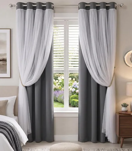 Vista 17 de Beige Blackout Curtains with White Sheer Overlay for Bedroom/Living Room