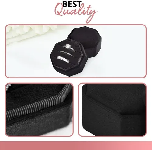 Vista 7 de Caja de terciopelo para anillos de alta calidad para ceremonia de boda con tapa desmontable, elegante y bonita caja para anillos de boda, 3 ranuras