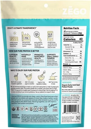 Vista 3 de ZEGO Proteína orgánica 100% de semillas de sacha Inchi, pureza probada para 500 toxinas/metales pesados/glifosato, libre de alergias y gluten, sin