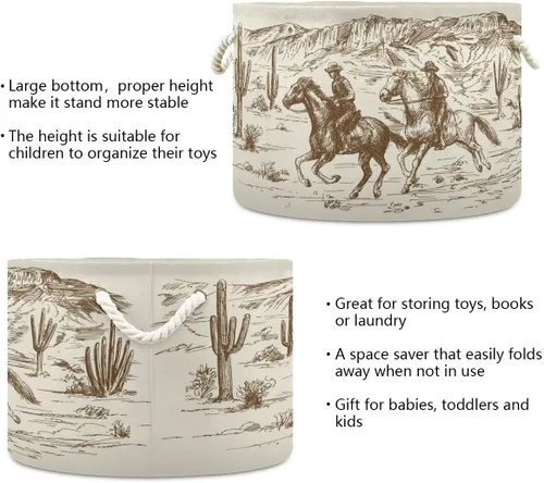 Vista 3 de Cesta de cuerda de algodón Western Desert Cowboy - Cesta de lavandería para bebé, sala de estar, lavandería, guardería, decoración del hogar, 20 x