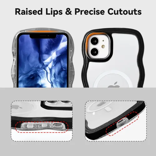 Vista 3 de QLTYPRI Funda magnética para iPhone 11 compatible con Magsafe, bonita funda transparente con marco de onda rizada para niñas y mujeres, parachoques