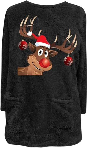 Vista 2 de Suéter feo de Navidad Sherpa para mujer, de forro polar, con estampado de renos, túnica para invierno, cálido, novedoso, sudaderas de Navidad