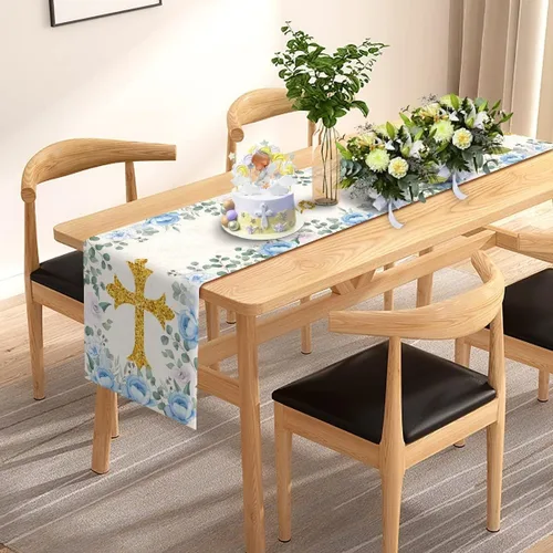 Vista 3 de Pudodo Camino de mesa de bautismo para niños, Dios bendiga la primera comunión, bautizo, baby shower, fiesta, cocina, comedor, decoración del hogar