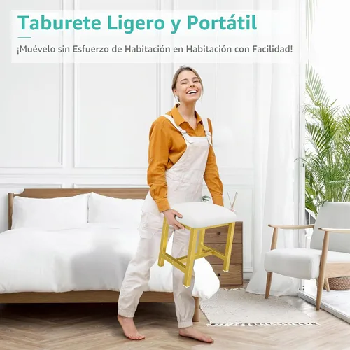 Vista 7 de Pequeño Taburete de Tocador, Lindos Taburetes de Tocador con Cojín, Silla de Tocador Blanca y Dorada para Espacios Pequeños, Sala de Estar Oro