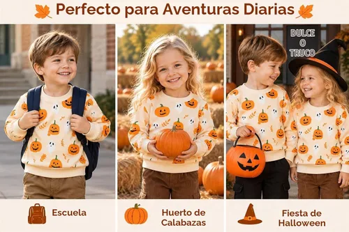 Vista 3 de HILEELANG Sudaderas de Halloween para niños pequeños, de algodón, sin botones, con estampado de calabaza, murciélago, boo, para niños y niñas