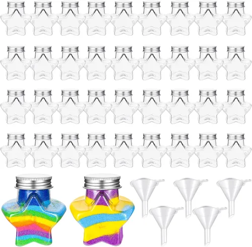 Vista 9 de Hsei 50 botellas de plástico para arte de arena y 5 mini embudos, botellas redondas transparentes de poción, tarros de dulces para licor, decoración