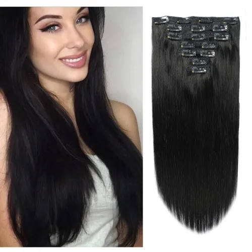 Vista 25 de Extensiones de cabello humano con clip de 14 pulgadas, 4.33 oz, 7 piezas, 16 clips, color marrón chocolate, doble trama, extensiones de cabello Remy