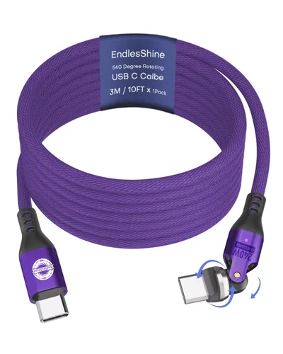 Vista 9 de Cable USB C a C de 3.3 ft, negro, rotación 540, 240 W, PD, carga rápida, transferencia de datos de 480 Mbps, cable de carga tipo C con chip