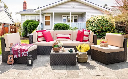Vista 7 de Vongrasig Juego de 6 muebles de patio pequeños, sofá modular de mimbre de polietileno para todo tipo de clima, sofá seccional para exteriores