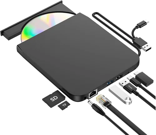 Vista 18 de ROOFULL Unidad externa de CD/DVD USB 3.0 y USB-C, ultrafina de 0.5 pulgadas, reproductor de CD y DVD de alta velocidad, grabador para computadora