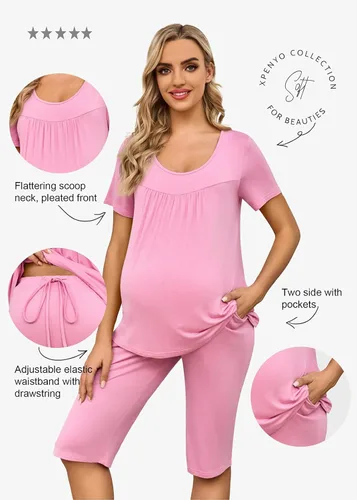 Vista 2 de Xpenyo Conjunto de pijama de maternidad para mujer, conjunto de 2 piezas con bolsillos