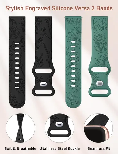 Vista 4 de Paquete de 2 correas con grabado floral compatibles con Fitbit Versa 2/Fitbit Versa/Versa Lite para mujeres, linda correa deportiva de silicona