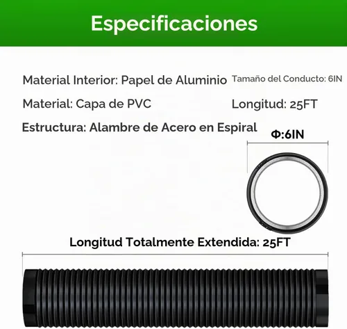Vista 2 de Manguera de ventilación de secadora de 6 pulgadas, conducto de aire de 25 pies de largo, manguera de aire de ventilación HVAC de conductos flexibles