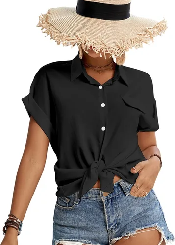 Vista 5 de LYANER Blusa casual con cuello enrollado para mujer, con mangas casquillo, con botones