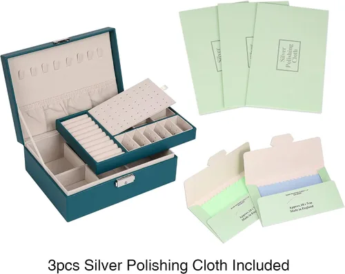 Vista 6 de Joyero para mujer cuero con candado organizador portátil de joyas de 2 capas y caja de almacenamiento collares pulseras anillos soporte para aretes