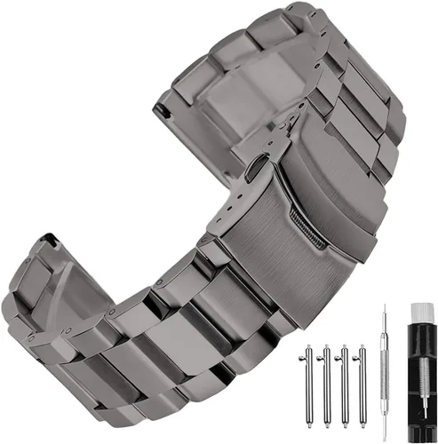 Vista 11 de Extensible de acero inoxidable para reloj, con acabado mate cepillado, de 18mm/20mm/22mm/24mm, doble hebilla, color negro o plateado