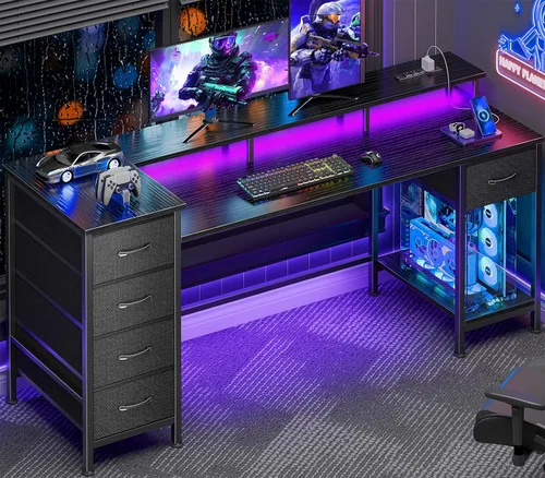 Vista 13 de Korfile - Escritorio para computadora de 47 pulgadas con 5 cajones de almacenamiento de tela, escritorio para juegos con tomas de corriente y luces