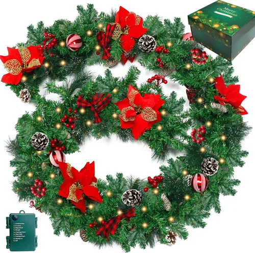 Vista 8 de Guirnalda de Navidad de 2,7 m con 100 luces, funciona con pilas, guirnaldas artificiales preiluminadas con bolas rojas, conos de pino, ramas
