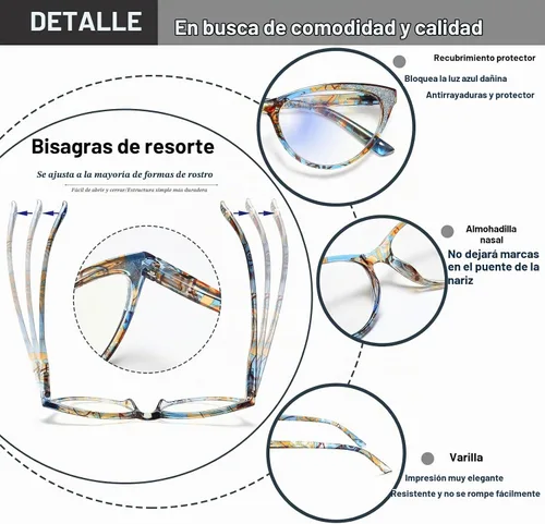 Vista 4 de Gafas de lectura de ojo de gato para mujer, anteojos, lectores de luz azul para mujer, gafas de computadora, gafas de sol, marco de brillo elegante