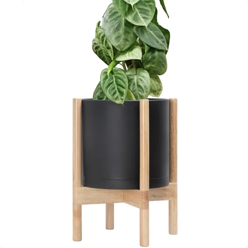 Vista 20 de Maceta de D'vine Dev con soporte - Maceta de flores de cilindro de plástico de 8.0 pulgadas con soporte de madera para interiores, maceta mate negra