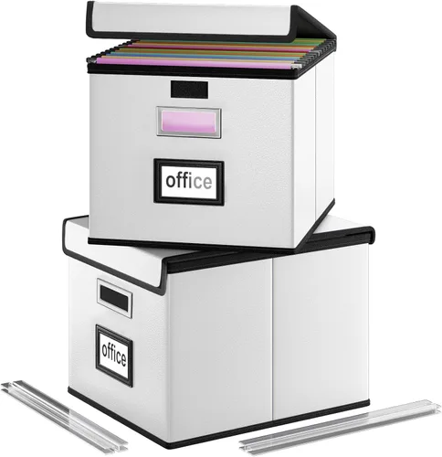 Vista 22 de Caja organizadora de archivos Huolewa con tapa, caja organizadora de carpetas de archivos colgantes de cuero sintético plegable con deslizadores