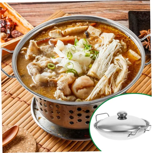 Vista 9 de UPKOCH Olla de cocina de acero inoxidable chino Shabu Shabu olla caliente doble mango salsa antiadherente con tapa pequeña stock, 9 pulgadas