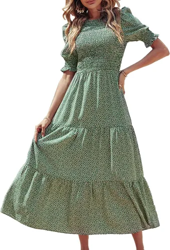 Vista 14 de BTFBM Vestidos para mujer, cuello redondo, casual, de verano, con volantes, manga corta, bohemio, con niveles, fruncido, largo, con estampado floral