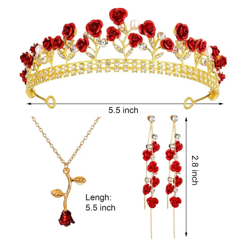 Vista 2 de Sureio Tiaras de rosas rojas para novia, coronas de reina, collares largos personalizados, aretes colgantes de flores de rosa, joyería de flores