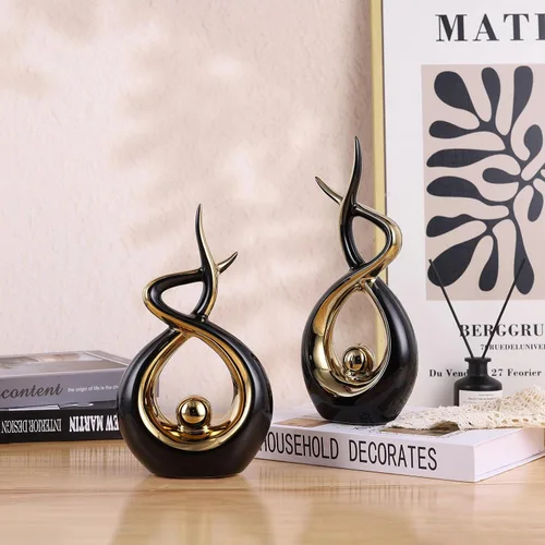 Vista 9 de Escultura moderna de cerámica abstracta dorada y negra, estatuas de Knick Knacks para sala de estar, estante, soporte de TV, mesa de café, comedor