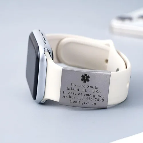 Vista 4 de Etiqueta de alerta médica personalizada para correa de reloj, etiqueta de identificación médica grabada personalizada para Apple Watch Band Fitness