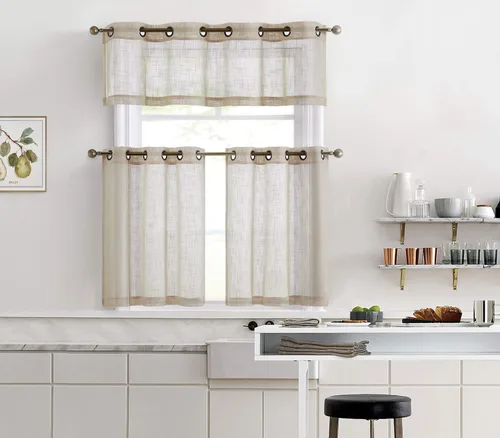 Vista 3 de HLC.ME - Cortinas de lino sintético con textura semitransparentes que mantienen la privacidad y filtran la luz, con ojales, cortas y de tela delgada