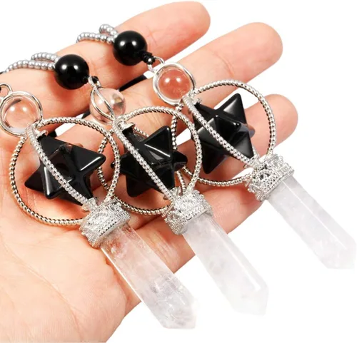 Vista 3 de SUNYIK Collar con colgante de chakra de estrella Merkaba de giro natural para mujeres y hombres, prismas hexagonales, punta de piedra reiki, varita