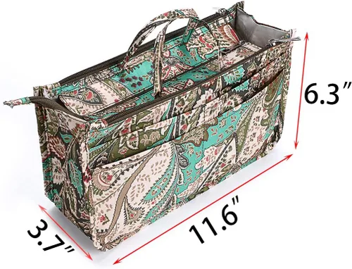Vista 3 de BTSKY Organizador de bolso de mano de impresión dentro del bolso, alta capacidad, 13 bolsillos, organizador con asa, flor de pavo real