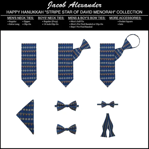 Vista 2 de Jacob Alexander Corbata de cuello con clip de Happy Hanukkah Stripe Star of David Menorah para hombre, Azul