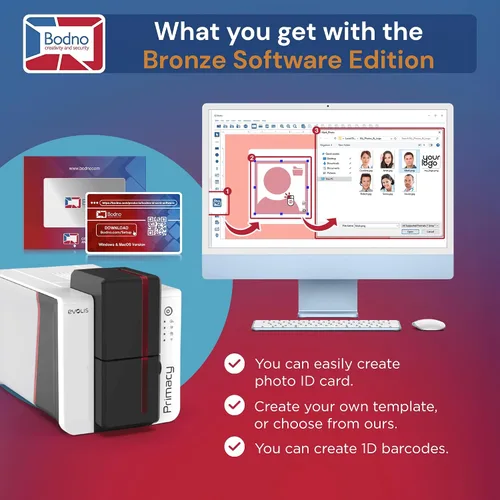 Vista 4 de Bodno Evolis Primacy 2 Impresora de tarjetas de identificación de doble cara y paquete de suministros completos Software de identificación Edición