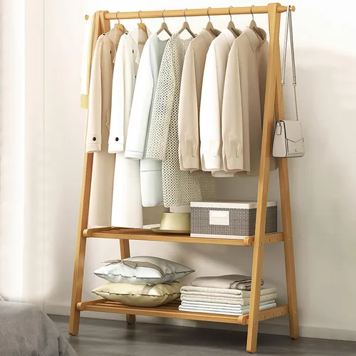 Vista 9 de Perchero de bambú portátil plegable con estantes de almacenamiento y riel de ropa colgante para entrada, dormitorio, espacios pequeños