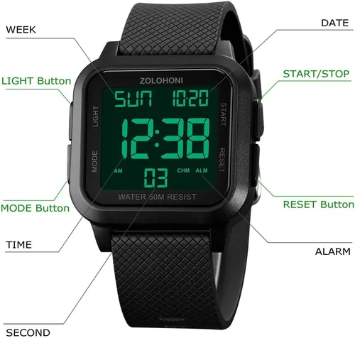 Vista 7 de Reloj digital zolohoni para hombre, relojes de acero inoxidable cuadrados, relojes de pulsera para hombre impermeables de cara grande con hora dual