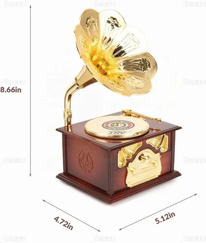 Vista 2 de AUEAR, Caja de música clásica de gramófono marrón para decoración de escritorio de mesa casera