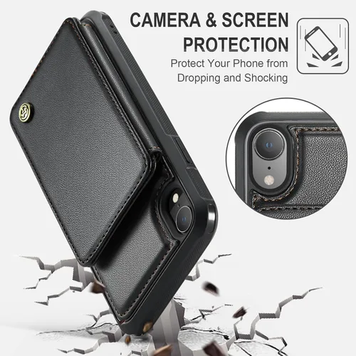 Vista 7 de Vinich for iPhone XR Wallet Case with Card Holder, Black RFID Blocking Credit Slots, Kickstand, Shockproof Flip Phone Cover, PU Leather, Double