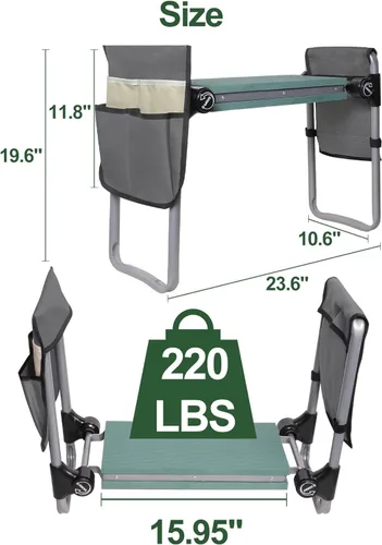 Vista 2 de LUCKYERMORE Taburete plegable de jardín y asiento, taburete de jardinería de nueva generación con 2 bolsas de herramientas, con almohadilla