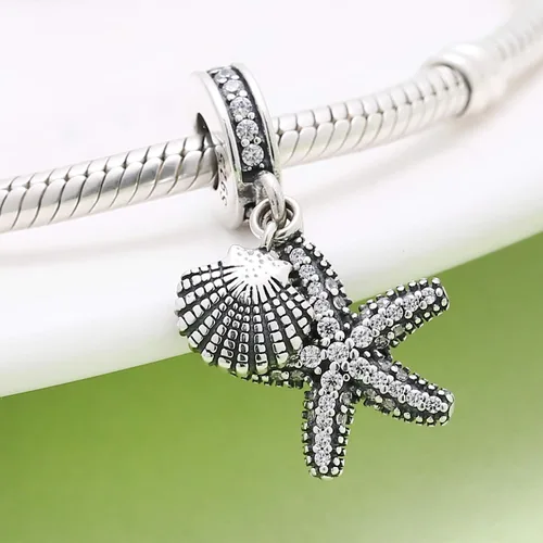 Vista 2 de Abalorios de estrella de mar de mar de plata de ley 925 colgantes espaciadores con piedra CZ para pulseras Pandora
