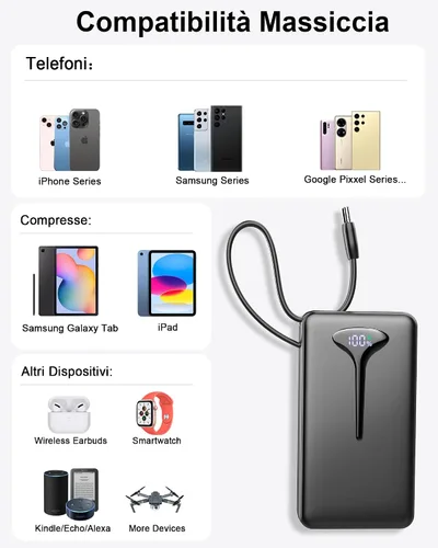 Vista 7 de Banco de energía de 10000mAh, Cargador portátil USB C 2025, Banco de energía de carga rápida de 22.5W con cable incorporado, Cargador de teléfono